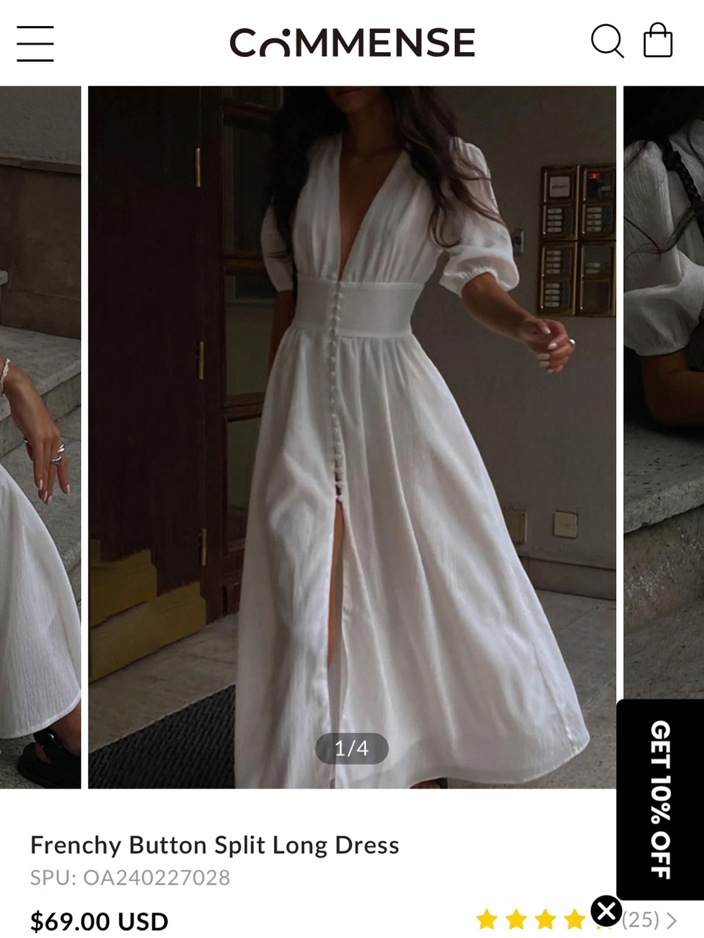 Commense White Button-Front V-Neck Maxi Dress